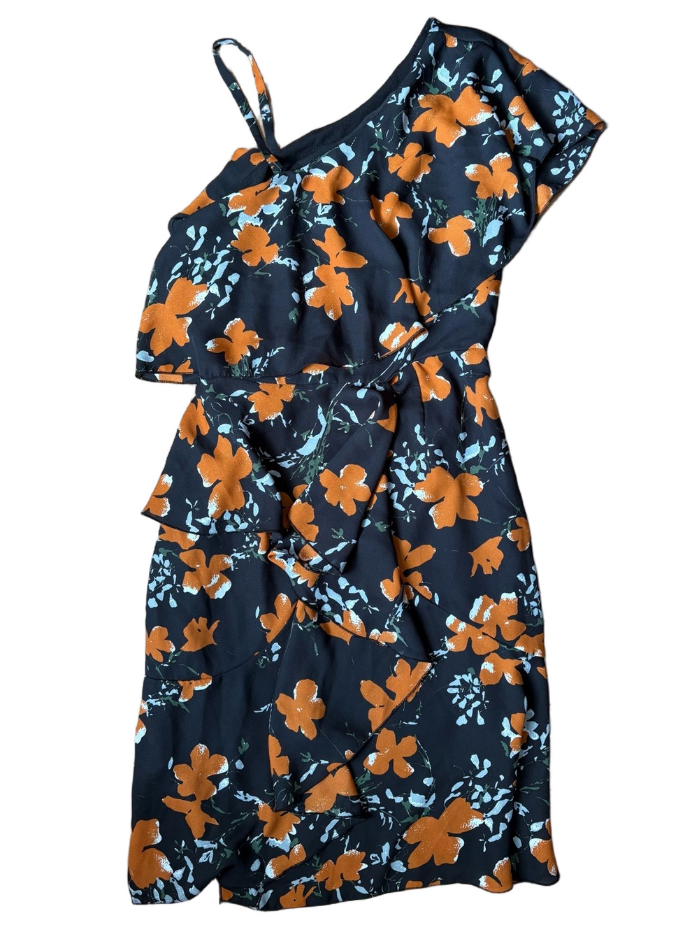Boohoo Black One-Shoulder Dress with Orange Floral Print
